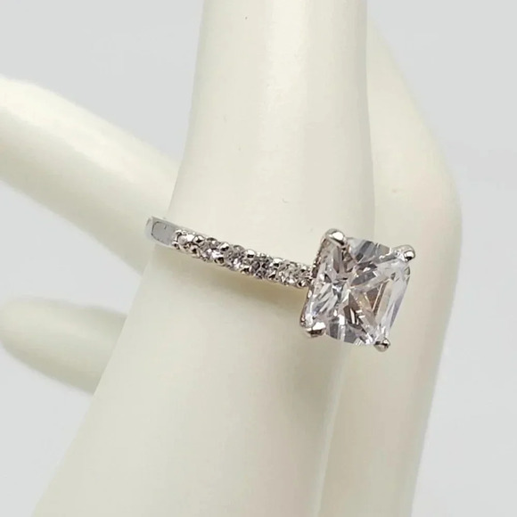 Square Cushion Cut Clear Crystal Engagement Cocktail Ring Silver Tone 7.25 - Picture 9 of 9
